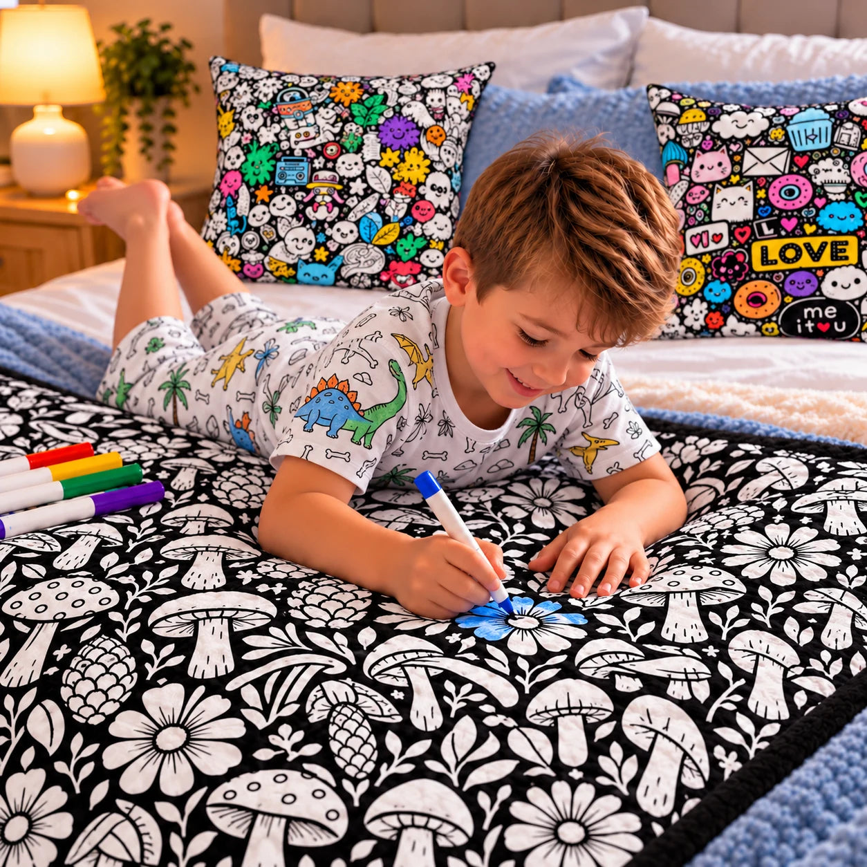 Child colouring a Doodle Dreams blanket with decorative colouring pillows on a bed