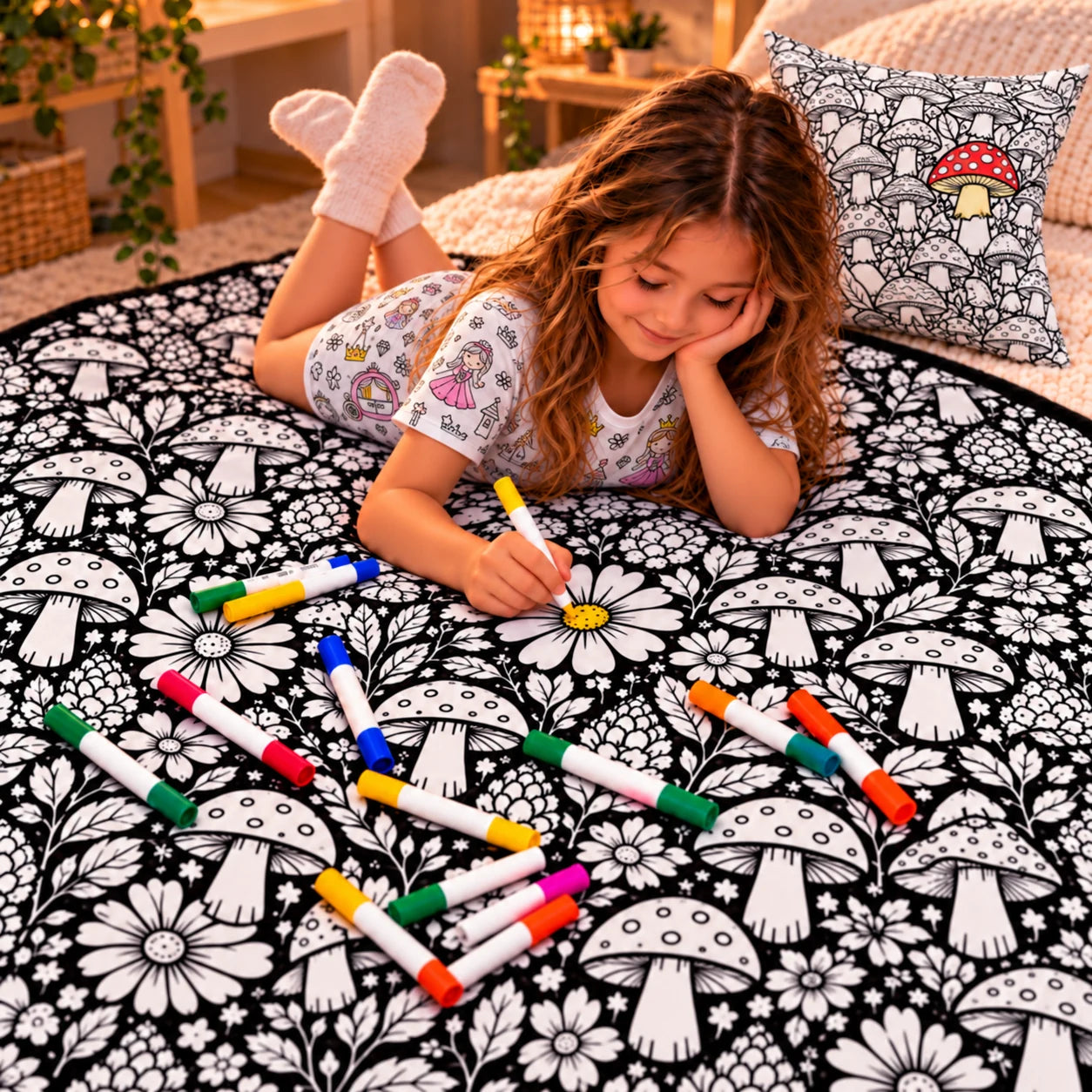 Girl colouring a floral blanket beside a mushroom design pillow